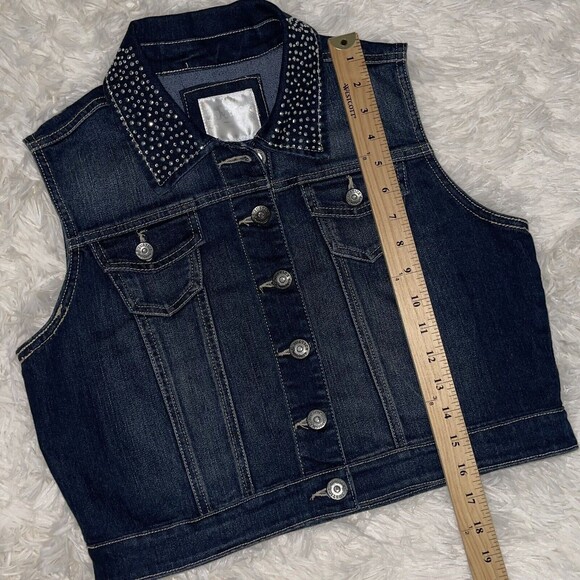 Justice Jean Jacket Vest Girls Size 18 Silver Studded Dark Blue Denim Sparkly - Picture 6 of 7